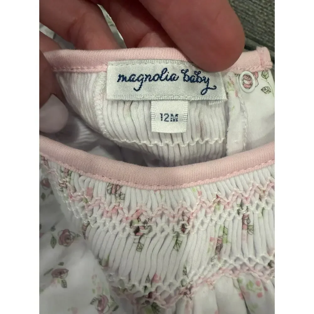 Magnolia Baby Smocked Bishop Style Long Sleeve Fleoal Romper 9 Months NWT $62